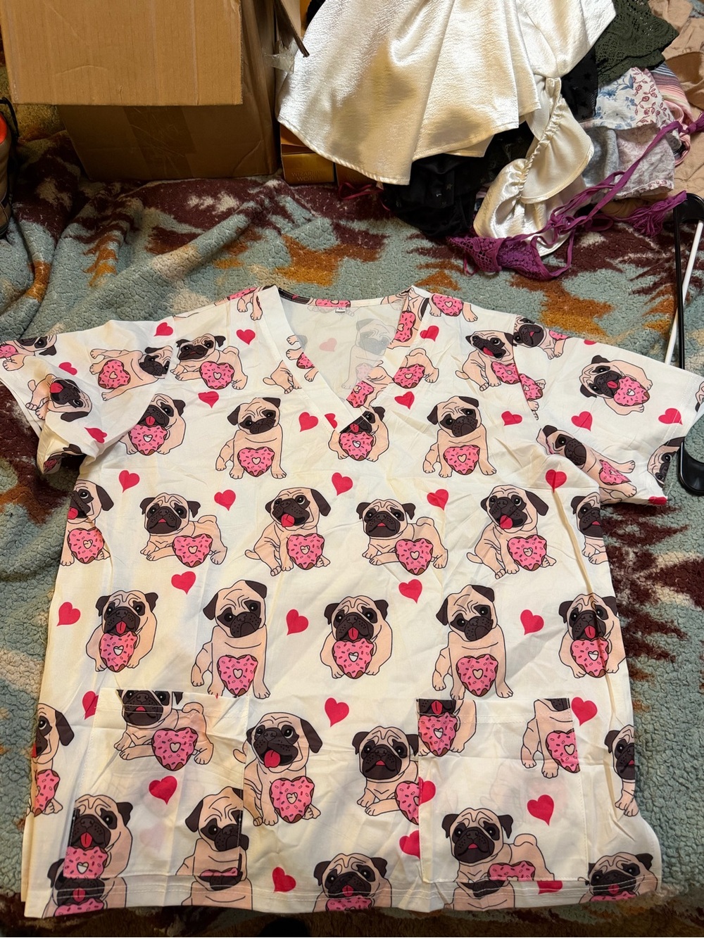 Women’s White Pug Print Blouse with Pink Hearts